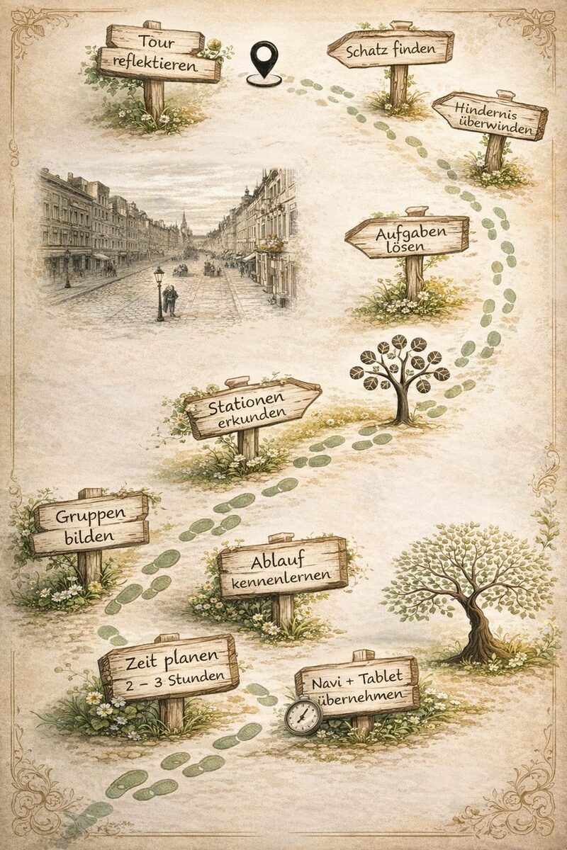 Gezeichneter Ablaufplan einer Geocaching-Tour in Magdeburg: Tour auswählen, Gruppen bilden, Aufgaben lösen, Schatz finden