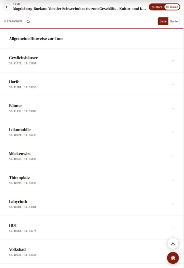 Aktuelle WebApp auf dem iPad: Stationsliste der Tour „Magdeburg-Buckau“ mit elf Stationen und Koordinaten