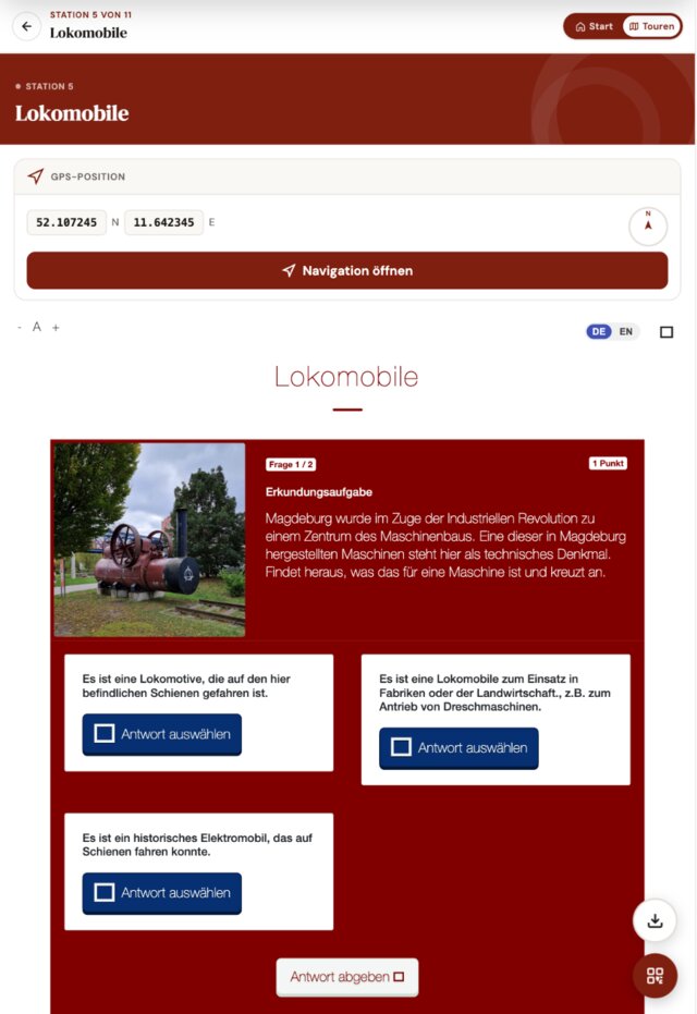 Aktuelle WebApp auf dem iPad: Erkundungsaufgabe an der Station Lokomobile in Magdeburg-Buckau