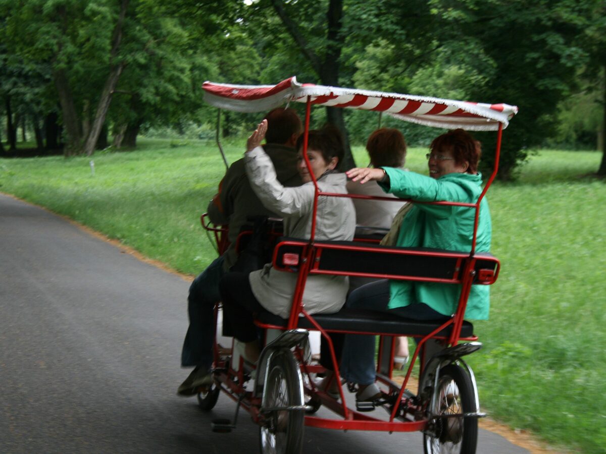 Teilnehmerinnen einer Tour auf einem Konferenzrad im Park