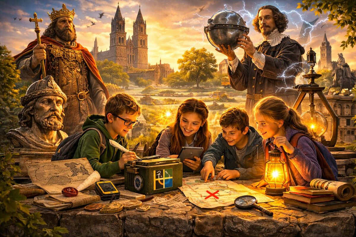 Schulkinder mit GPS-Gerät und Karte zwischen Figuren der Magdeburger Geschichte&nbsp;– Schulausflug Magdeburg