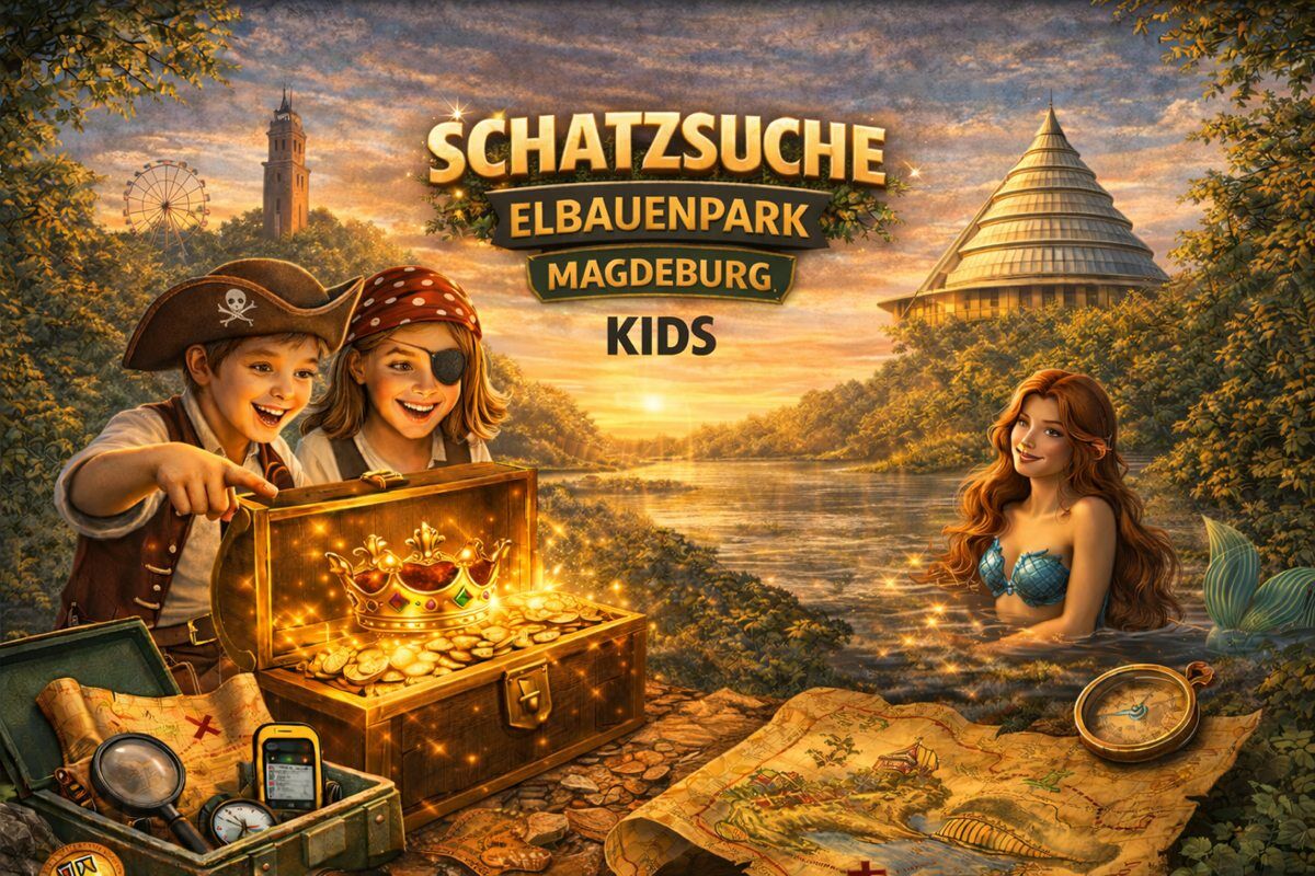 Schatzsuche im Elbauenpark Magdeburg: Kinder mit Schatztruhe vor dem Jahrtausendturm