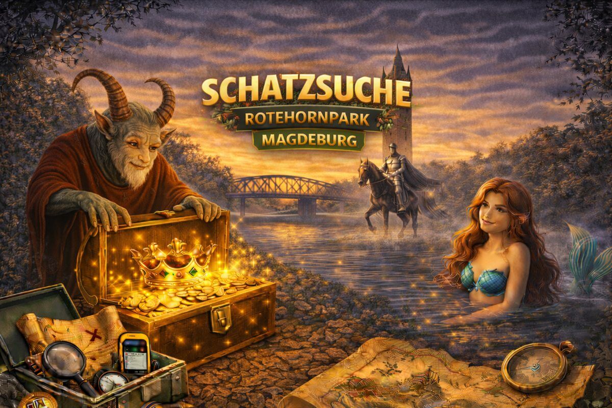 Schatzsuche im Rotehornpark Magdeburg: Schatztruhe, Meerjungfrau und Reiter vor der Stadtkulisse